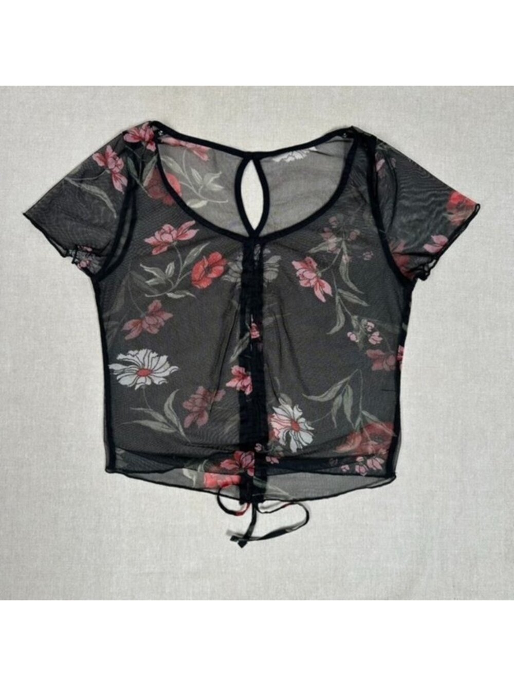 Sheer Mesh Floral Crop Top XS Black Red Cinch Tie Front Ruched Festival‎ Fairy - Picture 4 of 9